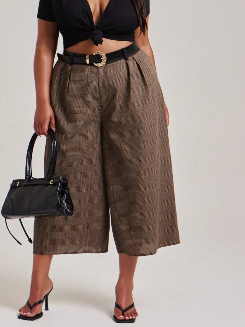 Brown Casual Women's Oversized High Rise Baggy Pleated Pants